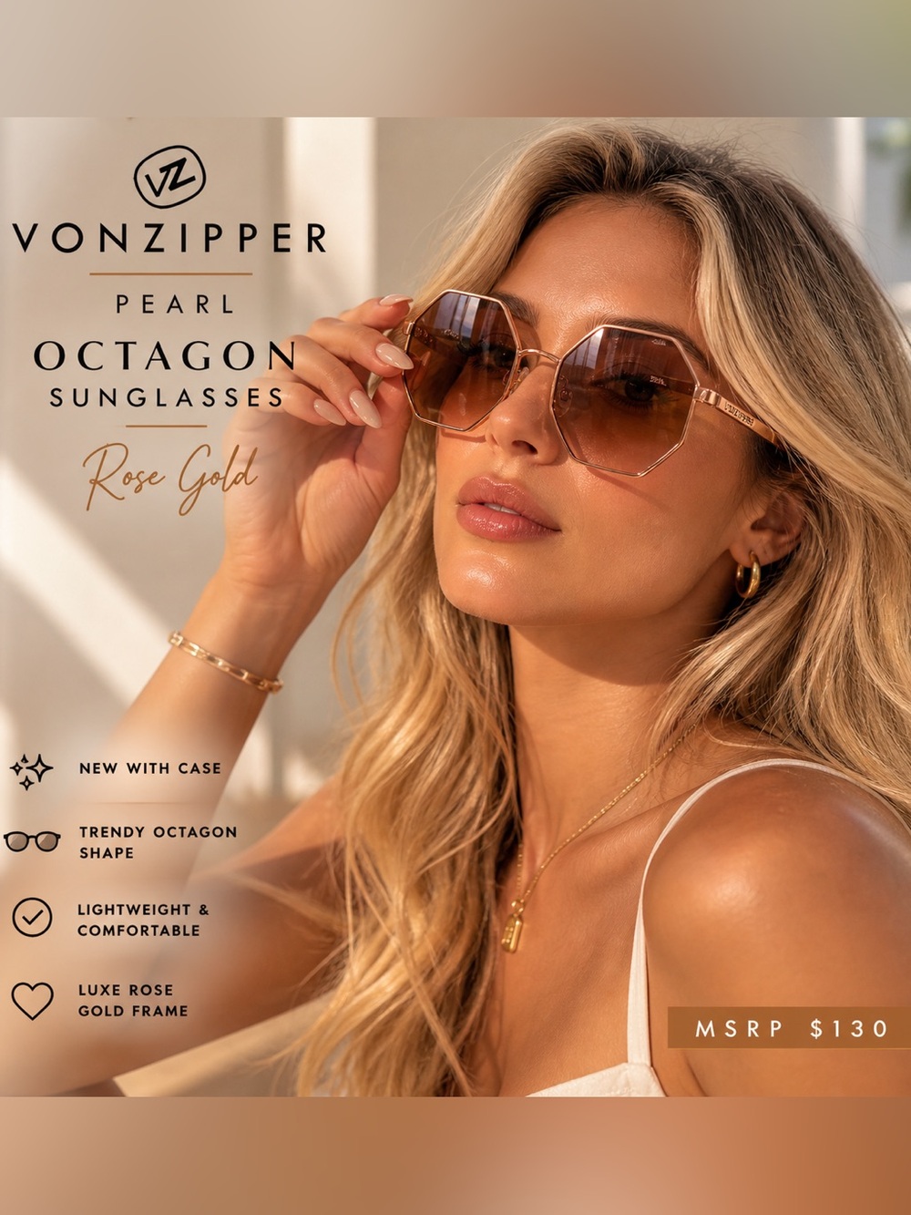 VonZipper Pearl Octagon Rose Gold Sunglasses NWT w/ Case - Picture 2 of 10